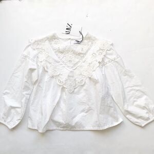 Zara NWT white floral eyelet bib blouse  9Y